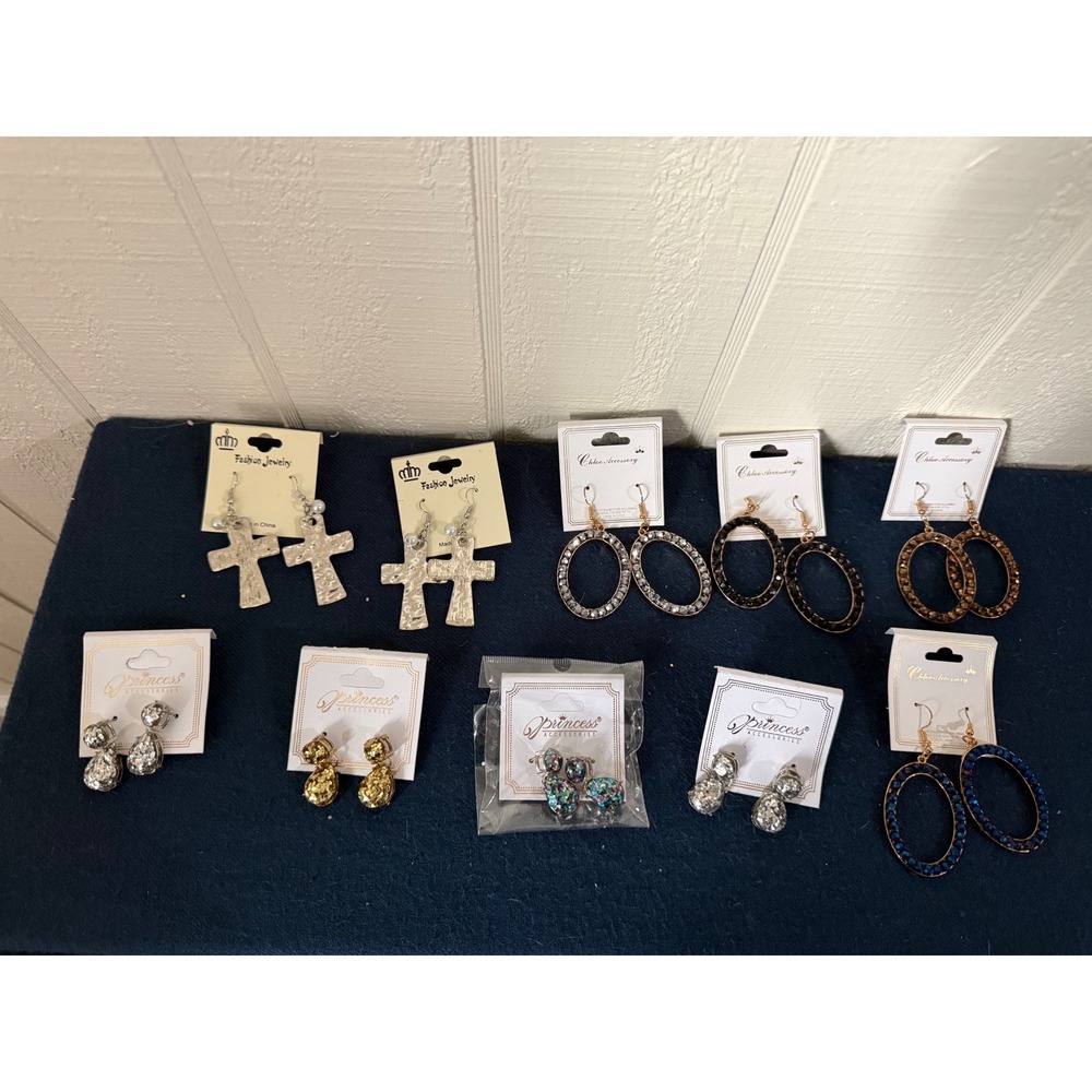 Bundle 9- lot of 9 Pairs New Fashion Earrings Cross Hoops Studs Princess Chloe